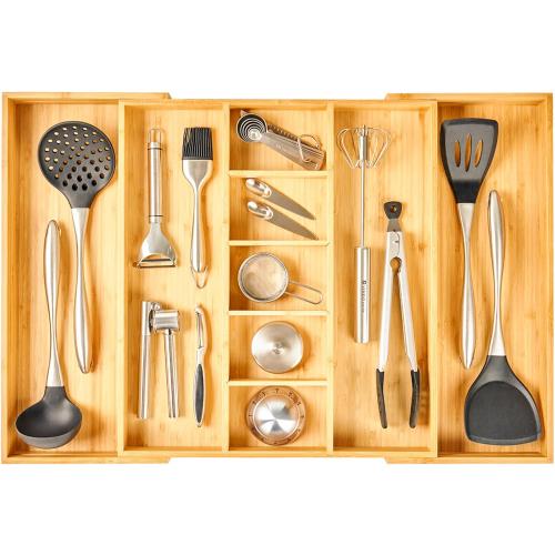 Umilife Extra Large Expandable Kitchen Drawer Organizer for Utensil and Junk, 19 Deep for Big Drawer, 17 to 28 Adjustable Bamboo Wood Drawer Divider, Cutlery Tray, Flatware Holder