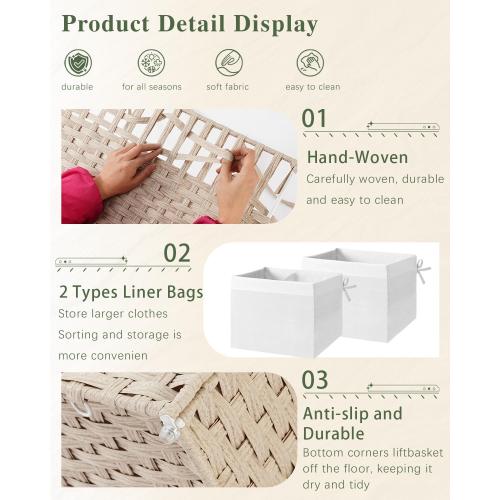 SETVSON Storage Basket with Lid Rattan Woven Storage Baskets with 2 Separate Lids, 17.2 Gallon (65 L) Wicker Storage Bins Foldable 2 Removable Liner Bags Handles for Bedroom, Laundry Room Light Khaki