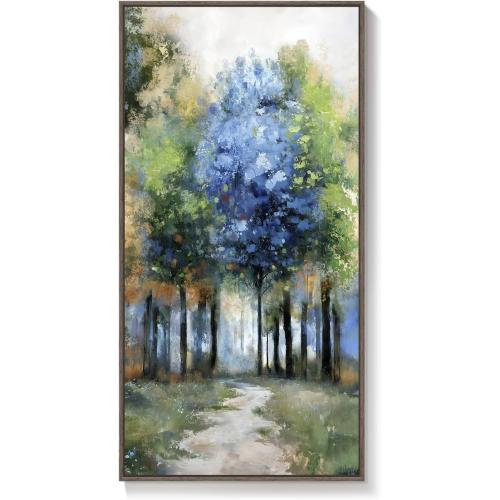 Framed Vertical Colorful Forest Living Room Wall Art, Large Tree & Path Picture Artwork for Walls, Farmhouse Landscape Vertical Canvas Print for Office Kitchen Foyer Stair Hallway Wall Decor, 20x40 In