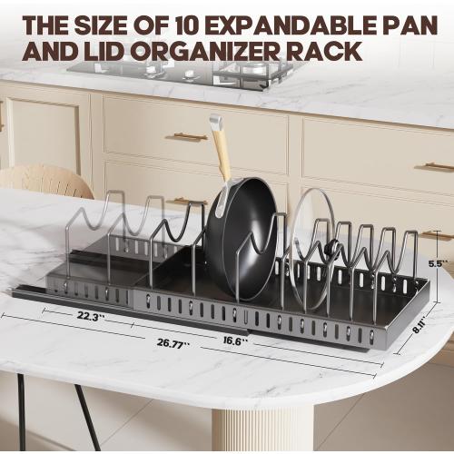 Pull Out Pots and Pans Organizer Under Cabinet, Expandable Sliding Lid Holder and Pan Rack for Kitchen, Slide Out inside Cabinet for Pot Lid, Bakeware, Dishes, 10 Adjustable Dividers, 1 Pack Black