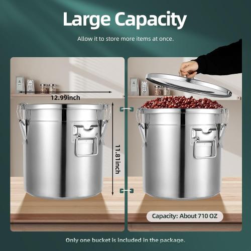 21L Silver DYNAMI 5.5Gal 304 Stainless Steel Airtight Container with Lid and Locking Clamp,17-38Lbs Metal Bucket Large Stainless Steel Canisters for Kitchen,Dog Food/Bird Seed/Coffee Storage Container(21L)