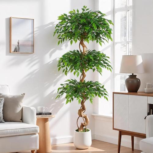 Artsleafy 6ft Large Ficus Artificial Trees in White Pot, 72 Tall Fake Silk Tree with Natural Curved Trunk, Lush Faux Ficus Tree for Indoor Home Decor, Living Room, Office & Patio
