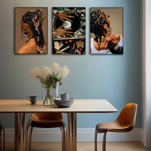 Size 12x16 3Pcs Framed Black Woman Canvas Wall art African American Woman Fashion Hairstyle Wall Decor Picture Black Girl Record Posters prints for Living Room Bedroom Bathroom Home Decoration 12x16in