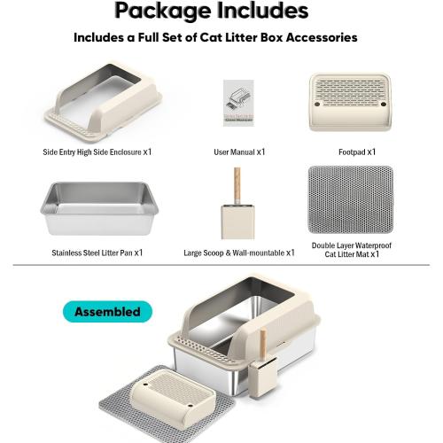 Stainless Steel Cat Litter Box with Lid, XL Large Litter Box for Big Cats, Enclosed Kitty Litter Pan with High Sides, Anti-Leakage&Non-Stick, Easy to Clean, Included Scoop, Aisle and Mat Beige