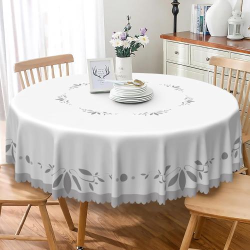 Gray Leaf Print Round Tablecloth 60 Inch Ring Pattern Fabric Table Cloth Polyester Wrinkle Resistance Washable Retro White Circular Table Cover for Garden Picnic Kitchen Dining Patio Decor