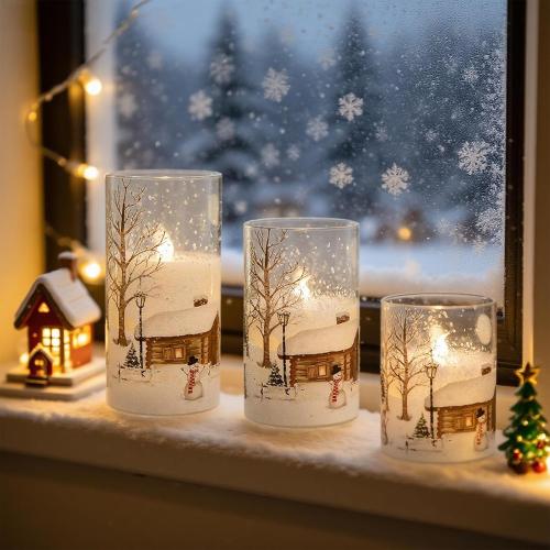 DRomance Snowman Glass Flameless Candles Battery Operated with Remote and Timer Real Wax LED Flickering Pillar Candles White Cold Light Window Christmas Holiday Decor D3 x 4,5,6