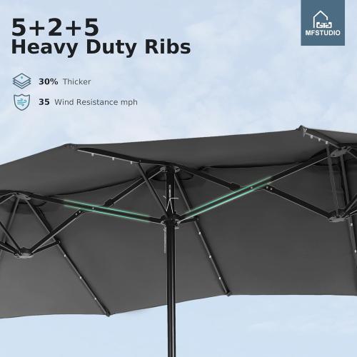 MFSTUDIO 15ft Double Sided Patio Umbrella with Solar Lights, Outdoor Large Umbrellas with Crank Handle and 36 LED Lights, Rectangular Market Umbrella with Base Included for Deck Pool Shade, Smoky Gray
