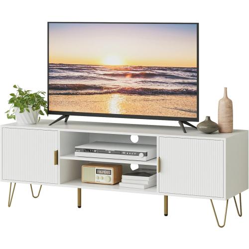 Apetaccat TV Stand for 55-65 Inch TV, Entertainment Center with Soft Hinge Door,TV Console Table with 2 Cabinets with Gold Handle and Feet,for Living Room, Bedroom, White