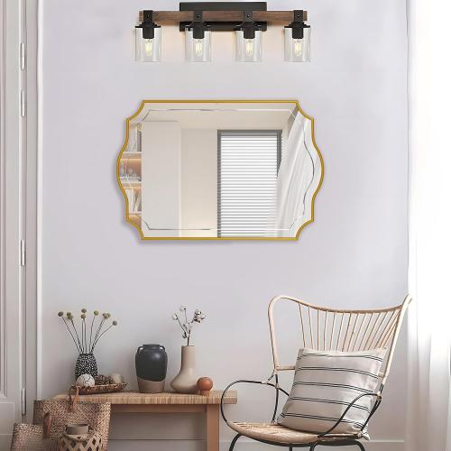 POZINO 36x24 Scalloped Wall Mirror with Gold Wood Frame | Irregular Rectangle Design, Horizontal/Vertical Hanging, Elegant Wavy Wall Mirror for Entryway Bedroom Bathroom Living Room