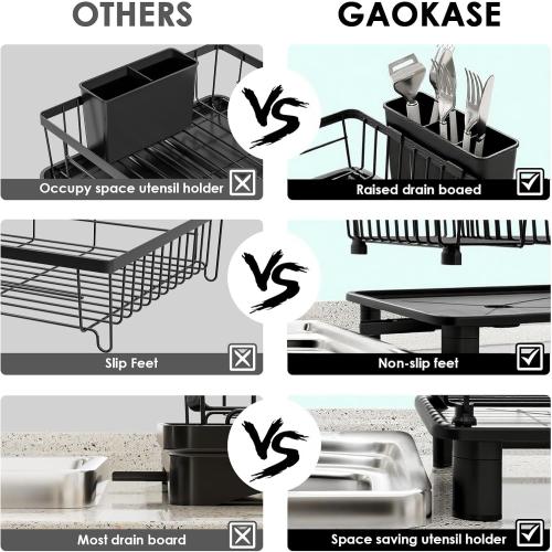 Dish Drying Rack, Stainless Steel Space-Saving Dish Rack, Dish Racks for Kitchen Counter, Kitchen Dish Drainers with Removable Utensil Holder,New Drain Outlet,Plate Rack and Drainboard, Black