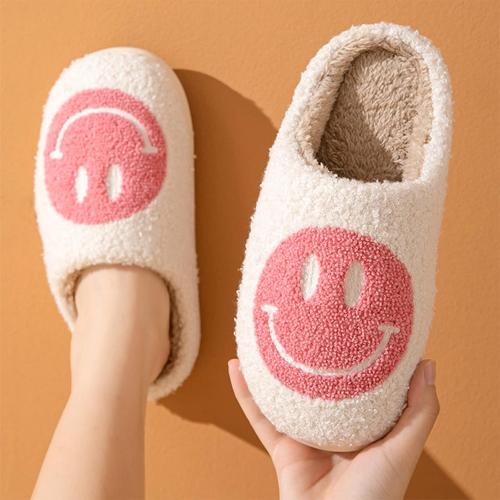 Bevaney Smile Face Slippers for Women - Soft Plush Retro Preppy Slip-on Comfortable Indoor/Outdoor Shoes (yellow size 8.5 - 9)
