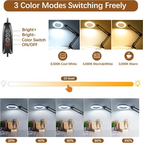10X Magnifying Glass with Light and Clamp, Magnifier with Light Hands Free3 Color Modes Stepless Dimmable, 72 LEDs Real Glass Lens Magnifying Lamp for Close Work, Repair, Reading, Craft