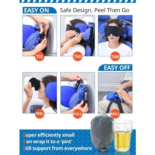 Travel Pillows for Airplanes, Airplane Pillow for Sleeping with 3D Eye Mask, 360° Support Headrest for Long Flight, Road Trip, Stop Bobblehead Relieve Neck Pain, Blue