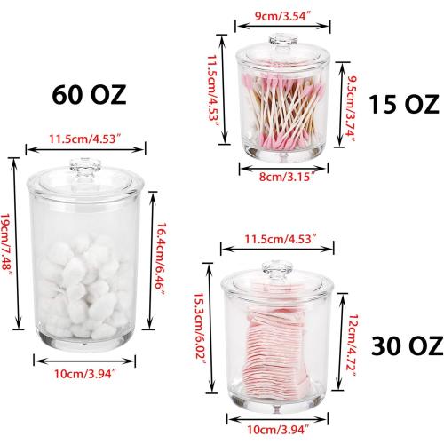 Hipiwe Clear glass Apothecary Jars with Lid, Large Size Bathroom Storage Canister Jar Cotton Ball and Swab Organizer Q-Tips Holder, 60-Ounce, 30-Ounce and 15-Ounce, Set of 3