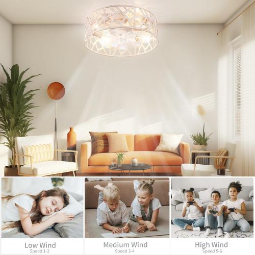 Flush Mount Fandelier Ceiling Fan with Lights and Remote, 18 inch Caged Ceiling Fan with Light Vintage White, Farmhouse Ceiling Fans for Bedroom, Kitchen, Living Room