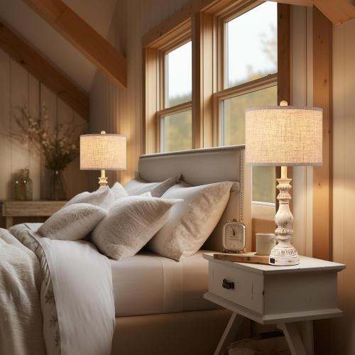Farmhouse Bedside Lamps Set of 2 Bedroom Lamps for Nightstand with USB A C Ports, 28” Rustic Vintage Table Lamps for Living Room with Rotary Switch - Bulb Not Included