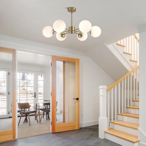KCO 6-Light White Milk Glass Chandelier Brass Gold Sputnik Ceiling Light | E26 Bulb Included, Adjustable Height for Sloped Ceiling, Mid Century Modern Pendant Light for Dining Room Kitchen Living Room