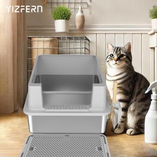 Stainless Steel Litter Box - 28 Extra Large XXXL Cat Litter Box with High Sides, Non-Sticky & Anti-Leakage for Big Cats/Multiple Cats, Includes Heavy Duty Metal Scoop, Grey