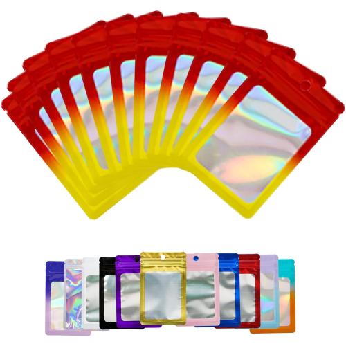 100 PCS Red Fade Yellow Resealable Mylar Holographic Bags Food Storage Smell Proof Bags with Front Window Packaging Pouch for Cookies Sample Jewelry Snack, 5.12x8.27 Inch