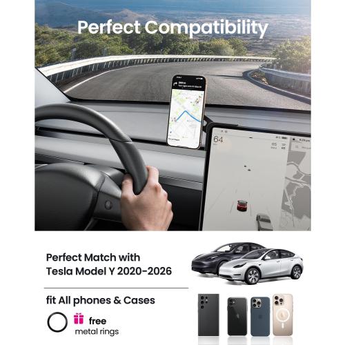 REEVAA 2025 Tesla Model Y Juniper Phone Mount for MagSafe [Strongest N55 Magnet, 3M Adhesive], Adjustable Tesla Screen Holder, Compatible with Model Y 2020-2026, MagSafe Case, iPhone Series