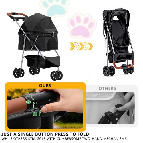 Pet Stroller for Small/Medium Dogs and Cats, Foldable 3 Wheel Jogger,One-Click Fold,Breathable Mesh, Storage Basket,Cup Holder,Weather Cover,(Black)