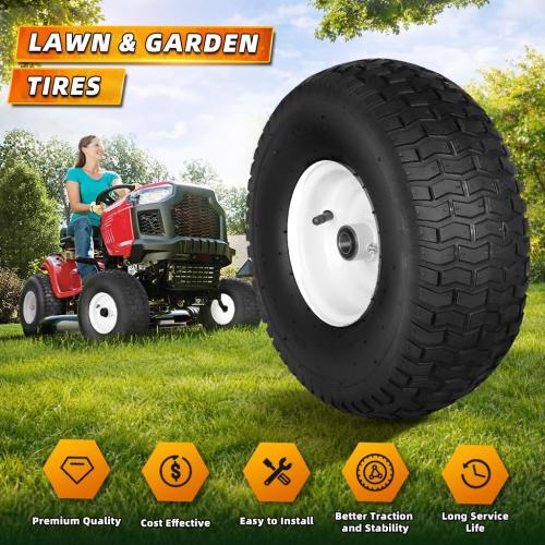(2-Pack) 15x6.00-6nhs Lawn Mower Tires and Wheel for Riding Lawn Mower Front Tires,15x6-6 Front Tire Assembly Replacement,3/4 Bearing, 3 Centered Hub, 4 Ply Pneumatic