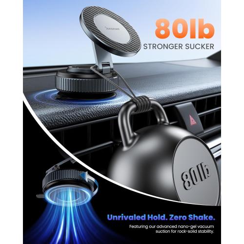 Suction Phone Mount for Car Dashboard/Windshield - 360°Adjustable Magnetic Phone Holder for Car, Foldable Car Phone Holder for iPhone 17/16/15/14/13/12 Series (Carbon Fiber & Aluminum Alloy)