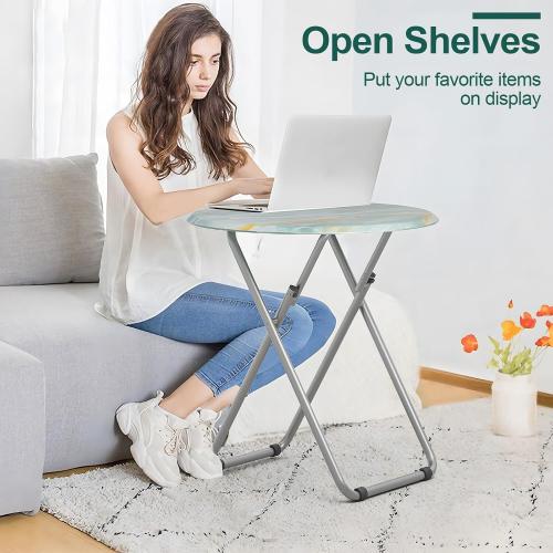 TV Tray Round Table, Small Foldable Table, Portable Dinner Table for Eating, Snack Side Trays Table Set of 2, No Assembly Required (Ocean Blue Marble, 2Pcs)