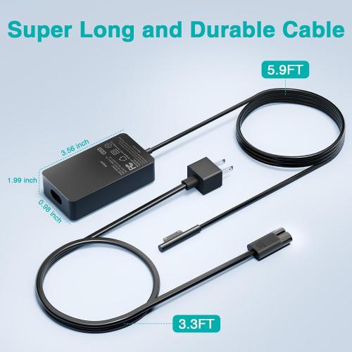 65W Charger Compatible with Microsoft Surface Pro 11, 10, 9, 8, 7 , 7, 6, 5, X, Laptop 7/6/5/4/3/2/1/Studio, Go 4/3/2/1, Book 3/2/1, Support 44W 36W, 10FT