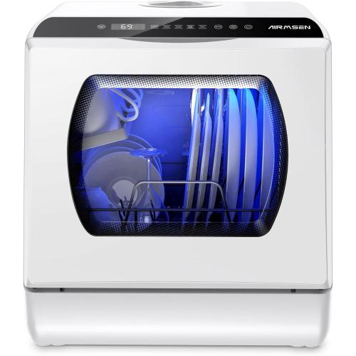 AIRMSEN Portable Countertop Dishwashers, 5 Washing Programs Mini Dishwashers with 1.2 Gal Built-in Water Tank and Double-layered Glass Door, No Hookup Needed for Home, Apartments & RVs