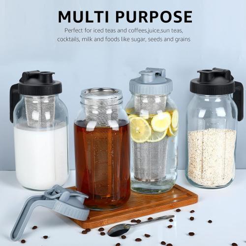 Clear 64oz Cold Brew Mason Coffee Maker - 64oz Iced Coffee Pitcher with Stainless Steel Mixing Spoon & Super Dense Filter 3 Steps Finish Cold Brew Coffee, Classic BPA Free Sturdy Mason jar Pitcher Easy to Clean