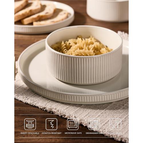 Plates and Bowls Set,  Ribbed Dishes Oat White