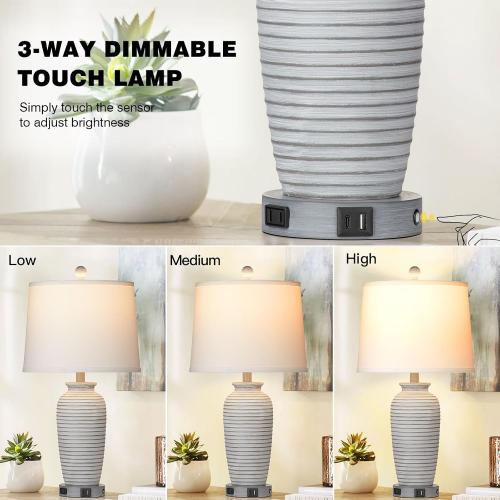 CINSARY 25 Farmhouse Jar Table Lamps Set of 2, 3 Way Touch Control Rustic Bedside Lamps with USB A C Ports & AC Outlet, Pot Nightstand Lamps for Bedroom Living Room (LED Bulbs Included)