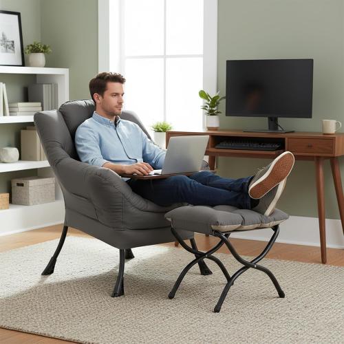 Welnow Lazy Chair with Ottoman, Reading Chair with Footrest,Dark Grey | A Side Pocket,Armrests,Foldable Footrest,Thick Cushioned Seat & Backrest, Lounge Chair for Bedroom,Living Room & Small Space