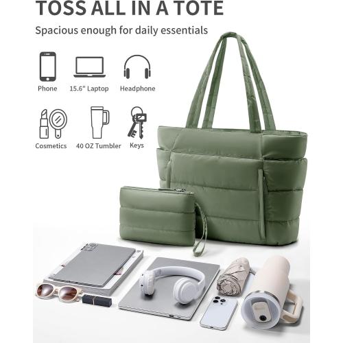 Puffer Tote Bag for Women, Lightweight Puffy Work Handbag Teacher Nurse Quilted Shoulder Bag for School Travel Gym | Cloud Bag w/ Zipper, Daily College Bags, 15.6 Computer Bag, Clinical Nursing Bag, 40 OZ Tumbler Holder, Ideal Gift for Women