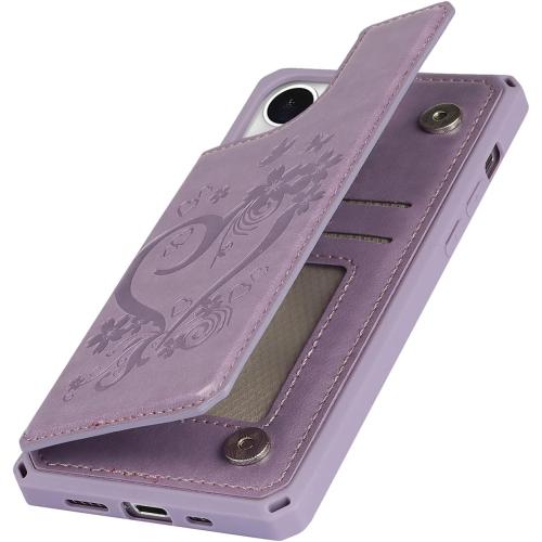 iCoverCase for iPhone 13 Wallet Case with Card Slots Holder Kickstand [RFID Blocking] Embossed Leather Magnetic Shockproof Cover with Wrist Strap (Heart Purple), Purple