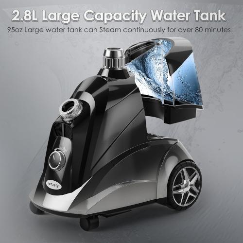 Color Black Steamer for Clothes, Jenaely 1500W Standing Garment Steamers, 35s Fast Heat-up, 80 Mins of Continuous Powerful Steam with 2.8L Water Tank, Pants Clip & Children's Clothing Hanger