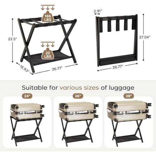 Fully Assembled Black Luggage Rack for Guest Room, Bamboo Folding Suitcase Stand with Fabric Storage Shelf, 5 Nylon Straps, Upgraded Luggage Rack Holder for Bedroom Hotel, Holds up to 165 Lbs, 1pcs