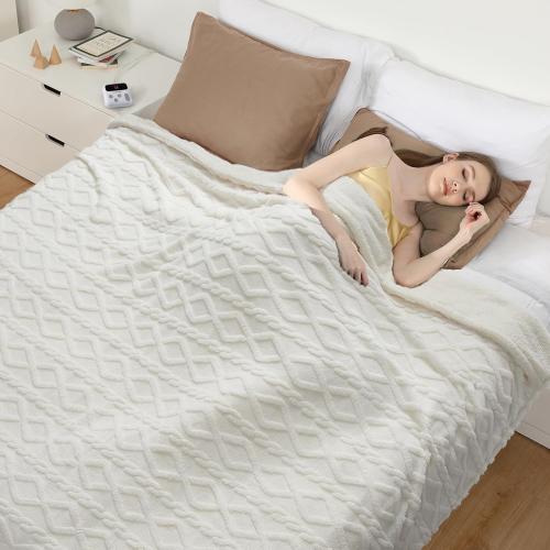 CAROMIO Electric Blanket Queen Size Dual Control - Thick Tufted Sherpa Heated Blanket Queen with 10 Heating Levels and 10 Time Settings, ETL Certified Fast Heating Blanket Queen Size 84×90, White