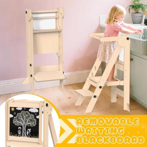 Foldable Toddler Tower, Wooden Toddler Kitchen Stool with 3 Adjustable Heights and Removable White/Blackboard, Montessori Foldable Learning Tower Kitchen Stool, Natural Wood