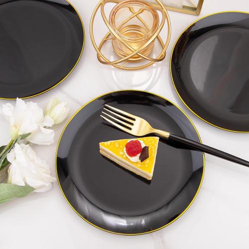 I00000 144Pcs Black and Gold Dessert Plate Set, Including 72Pcs Black and Gold Plastic Plates 7.5 and 72Pcs Disposable forks 8.5, Fancy Salad Plates with Gold Rim for Thanksgiving and Party