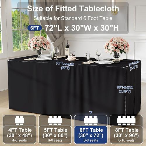 homing 2 Packs Rectangle Fitted Tablecloth, 6 Foot Washable Fabric Table Cloth, Waterproof Polyester Table Cover for Party, Trade Show, Outdoor and Indoor (Black, 30 x 72)