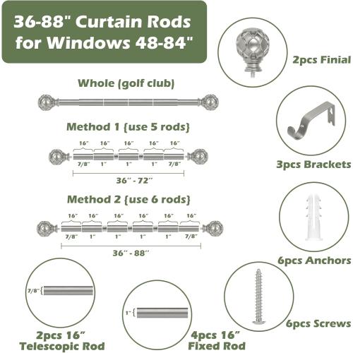 Silver Curtain Rods for Windows:Farmhouse Boho Decorative Curtain Rod for Bedroom Living Room,Heavy Duty Adjustable Rustic Drapery Pole Set with Vintage Coastal Finials,Antique Silver 36-88