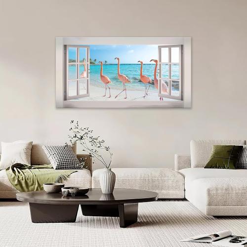 Flamingo Beach Ocean Large Wall Art Coastal Pictures Wall Decor Pink Flamingos Landscape 3d Window Big Canvas Prints Framed Modern Painting Artwork for Hotel Bathroom Living Room Office 60x30