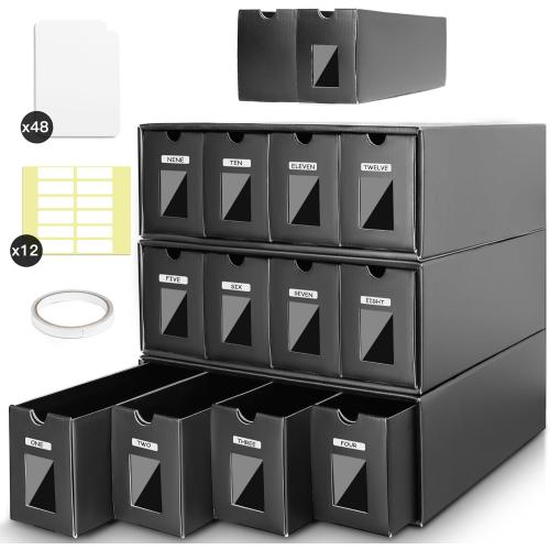 Trading Card Storage Box with 48 Dividers &12-600 CT Boxes, Fully Black Card Organizer Box with Scratch-Resistant Coating for MTG, TCG, Sport Cards, Trading Card Organizer with Labels & Tapes