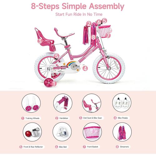 WinHope Girls Bike with Doll Seat, 12 14 16 18 20 Inch Kids Bike for 2-12 | Dual Brake with Training Wheels / Kickstand & Streamers Birthday Gift for Toddler Outdoor Riding, Multiple Colors