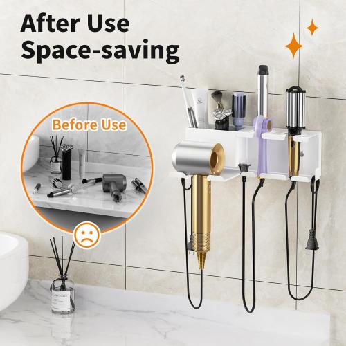 Hair Dryer Holder, Hair Tool Organizer Wall Mount, Adhesive or Drill, White