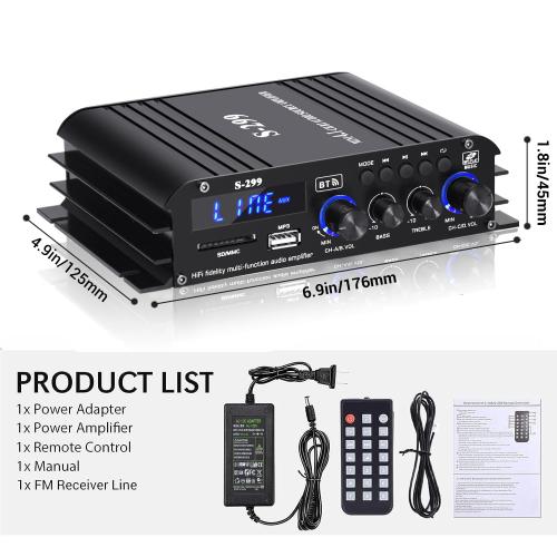S299 Max 800W Bluetooth Home Audio Amplifier, RMS 40Wx4 4.1CH Bluetooth Power Amplifier with Active Subwoofer, Sound Audio System w/AUX, Headphone Jack, USB, SD, Remote Control - Suacopzar