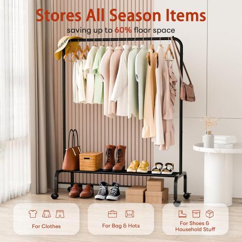 Metal Standing Clothes Rack, Rolling Clothing Rack for Hanging Clothes, Portable Clothes Rack with Storage Shelves, Black