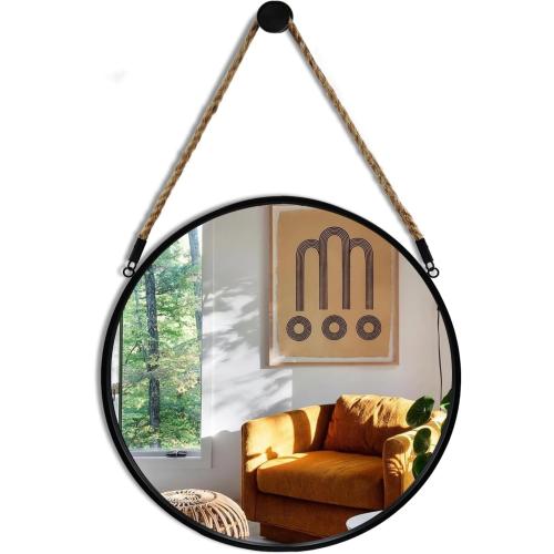 POZINO Round Mirror, 15 Rope Hanging Mirror, Farmhouse Circle Mirrors, Black Metal Frame Wall Mirrors for Bathroom, Bedroom, Living Room, Entryway, Fireplace, Home Decor